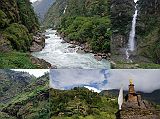 
The easy trail from Gongar took 45 minutes to reach Chechet (1524m), passing by another beautiful waterfall. The trail from Chechet (1524m) descends to the Tamba Kosi River, crosses a suspension bridge, and ascends on a new set of steps to Simigaon. The steps were built with Japanese support just a year or two ago. The trail from the Tamba Kosi took 55 minutes to reach the first houses of the picturesque village of Simigaon sprawling over a terraced knob (1600-2000m).
